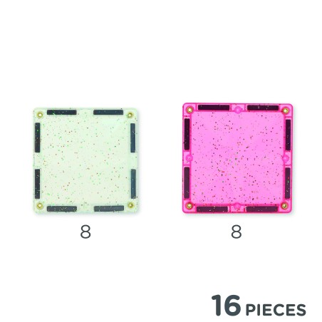 Cleverclixx Magnetická stavebnice Glitter Tiles Pack Transparent růžové 16 ks