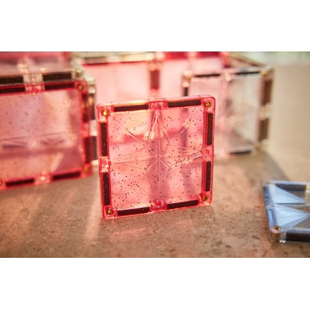 Cleverclixx Magnetická stavebnice Glitter Tiles Pack Transparent růžové 16 ks