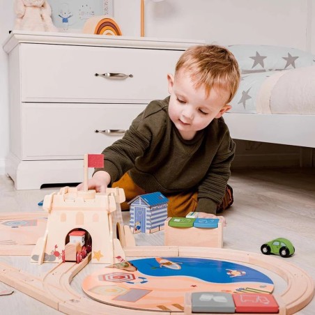 Bigjigs Rail Dřevěná vláčkodráha Úklid pobřeží 70 dílů