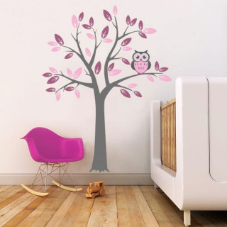 Housedecor Samolepka na zeď  Strom a růžová sova