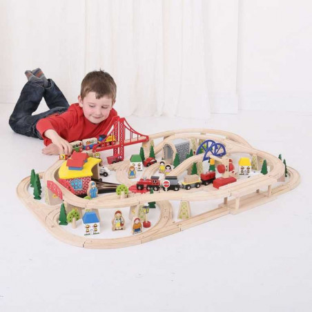 Bigjigs Rail dopravní dvouúrovňová vláčkodráha - 130 dílů Bigjigs Rail dopravní dvouúrovňová vláčkodráha - 130 dílů