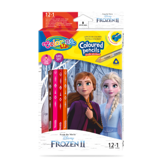 Colorino Disney Frozen pastelky trojhranné s ořezávátkem 12 barev + oboustr. stříbrná/zlatá