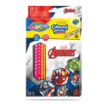 Colorino Marvel Avengers pastelky trojhranné s ořezávátkem 12 barev + oboustr. stříbrná/zlatá