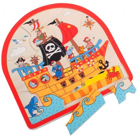 Bigjigs Toys Dřevěné vícevrstvé puzzle Pirátská loď
