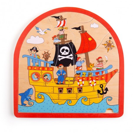 Bigjigs Toys Dřevěné vícevrstvé puzzle Pirátská loď