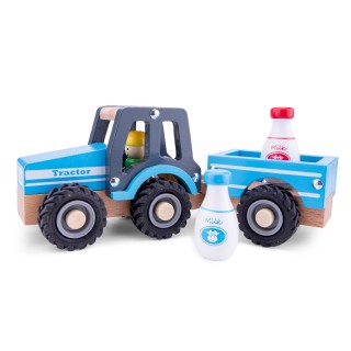 New Classic Toys Dřevěný traktor s přívěsem a s mlékem