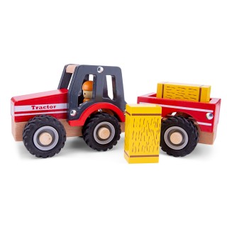 New Classic Toys Dřevěný traktor s přívěsem a senem