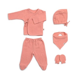 FUNNABABY Mušelínový novorozenecký set 5 dílný Coral Pink vel. 0 - 3 m.