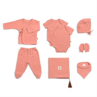FUNNABABY Mušelínový novorozenecký set 8 dílný Coral Pink vel. 0 - 3 m.