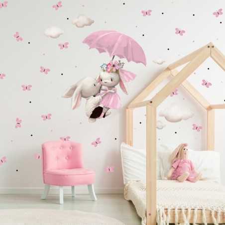 Inspio Samolepka na zeď  Zajíčci s růžovým deštníkem