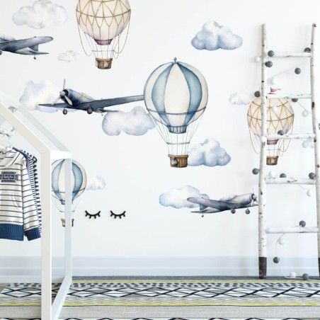 Inspio Dětská samolepka na zeď  Letadla a balóny v akvarelu