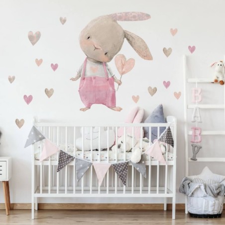 Inspio Dětská samolepka na zeď  Růžový zajíček se srdíčkem