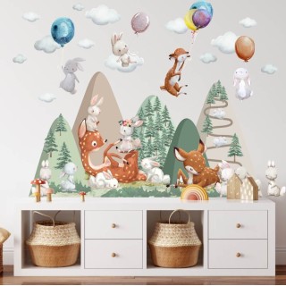 Inspio Dětská samolepka na zeď Kopce se srnkami a zajíčky