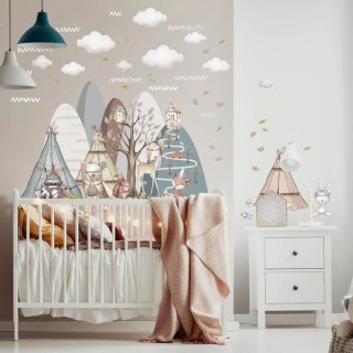 Inspio Dětská samolepka na zeď Kopce s lesními zvířátky