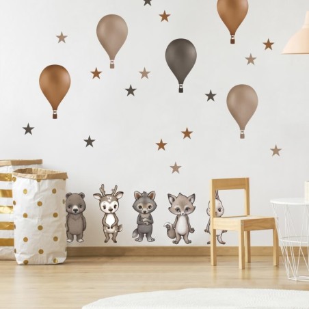 Inspio Dětská samolepka na zeď Lesní zvířátka s balóny v hnědých barvách