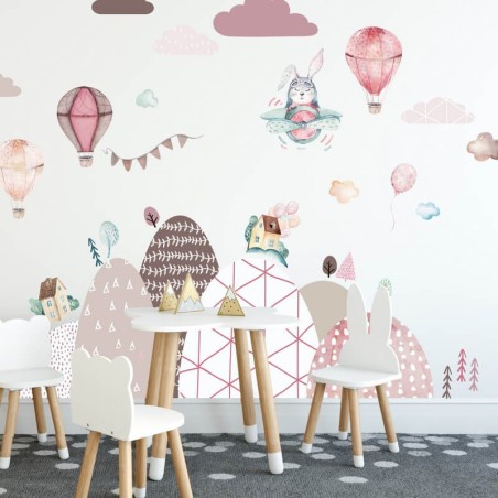 Inspio Dětská samolepka na zeď Kopce a balónky v růžové barvě