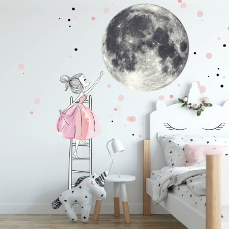 Inspio Dětská samolepka na zeď  Měsíc a dívka na žebříku