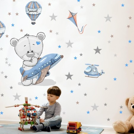 Inspio Dětská samolepka na zeď Medvídek s modrým letadlem Inspio Dětská samolepka na zeď Medvídek s modrým letadlem