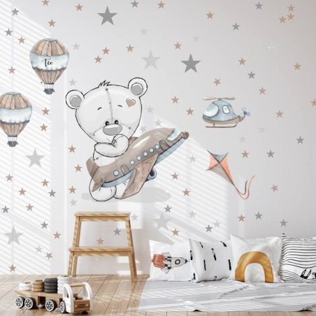 Inspio Dětská samolepka na zeď Medvěd s letadlem Inspio Dětská samolepka na zeď Medvěd s letadlem
