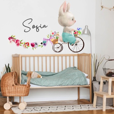 Inspio Dětská samolepka na zeď Zajíček s květinami Inspio Dětská samolepka na zeď Zajíček s květinami