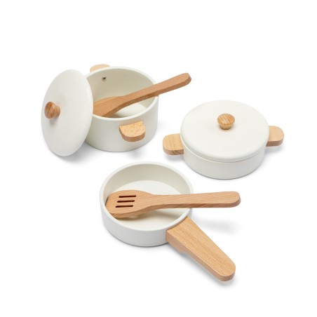 Woet by New Classic Toys Dřevěná sada hrnců a pánve bílá Woet by New Classic Toys Dřevěná sada hrnců a pánve bílá