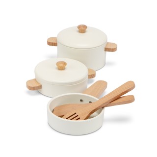 Woet by New Classic Toys Dřevěná sada hrnců a pánve bílá