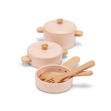 Woet by New Classic Toys Dřevěná sada hrnců a pánve růžová Woet by New Classic Toys Dřevěná sada hrnců a pánve růžová