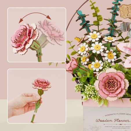 RoboTime 3D dřevěná skládačka Košík s květinami