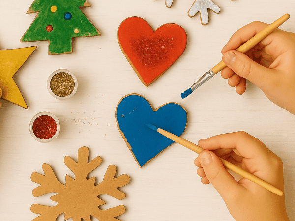 Vánoční ozdoby z kartonu a starých krabic – kombinace malování, lepení a glitrování