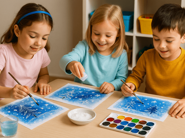 Zimní obrázky se solí a vodovkami – kouzelné tvoření pro děti