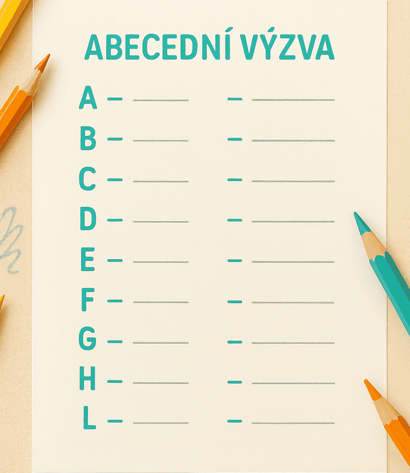Dětská hra Abecední výzva – papír s písmeny abecedy a slovy začínajícími na ně