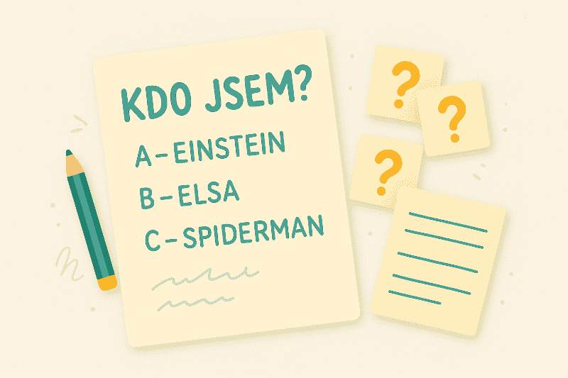 Dětská hra Kdo jsem – kartičky s otázkami a jmény známých postav