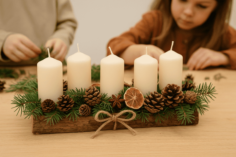 Adventní svícen z přírodnin vyrobený s dětmi – větvičky, šišky a svíčky.