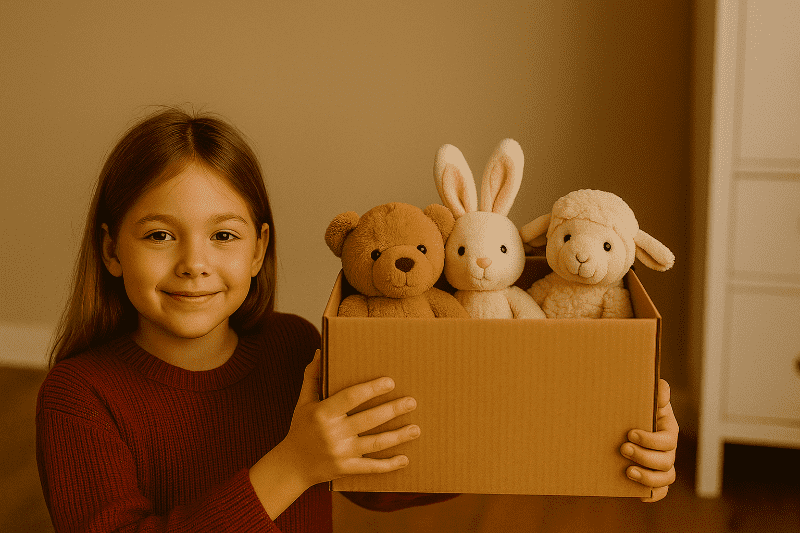 Dítě daruje hračky potřebným jako součást vánoční charity.