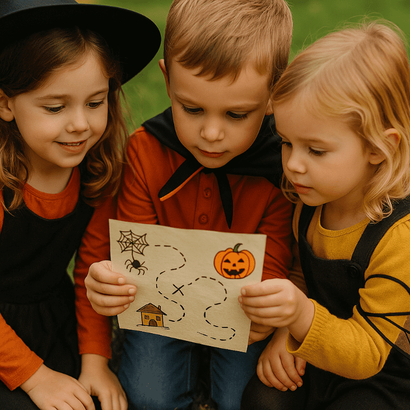 Tři malé děti v kostýmech sledují mapku s nápovědami při halloweenském lovu pokladů.