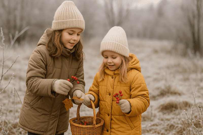 Děti sbírají listy, větvičky a bobule na výrobu ledových ozdob v zimní přírodě.