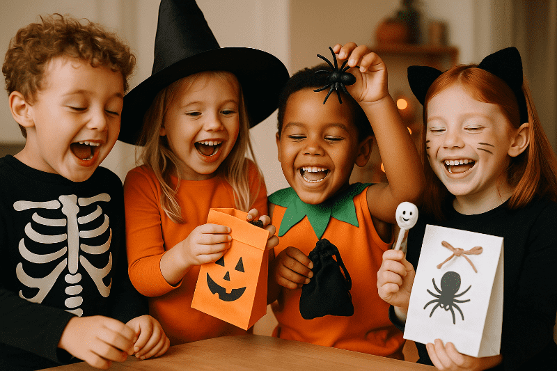 Děti se radují s nalezenými halloweenskými taštičkami a hračkami po úspěšném lovu pokladů.