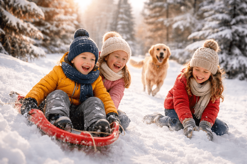 Děti si hrají venku na sněhu během zimy, pohyb na čerstvém vzduchu je součástí denního režimu.