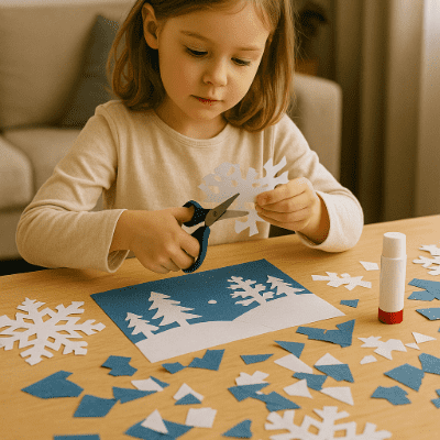Dítě vyrábí zimní dekoraci z papíru a barev