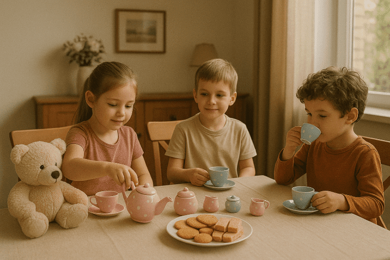 Děti si hrají na čajový dýchánek s hrníčky a sušenkami – zábava doma pro malé děti, inspirace z kidsparadise.cz
