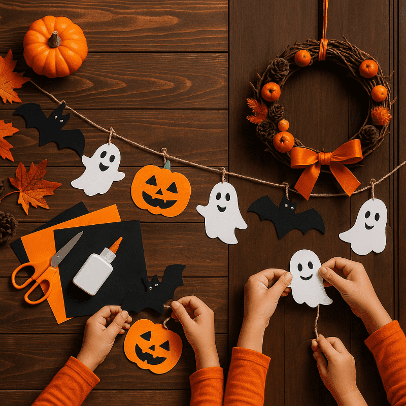 DIY halloweenská výzdoba – ručně vyrobená girlanda a věnec na dveře