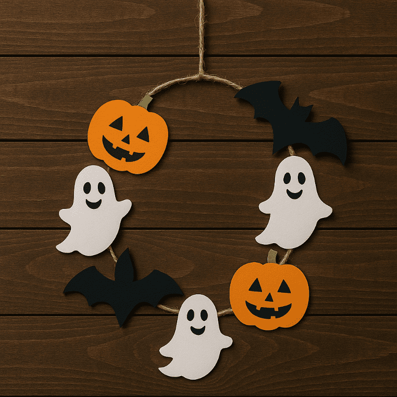 Podzimní halloweenský věnec na dveře s dýněmi, šiškami a mašlí