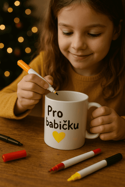 Dítě maluje porcelánový hrnek fixami jako dárek pro babičku.