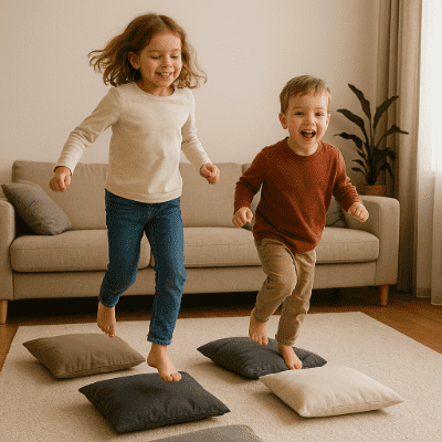Děti skákají přes polštáře a hrají si doma
