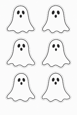 Šablona šesti duchů k vystřižení na formátu A4 – jednoduché obrysy s tečkovanými liniemi pro Halloween.