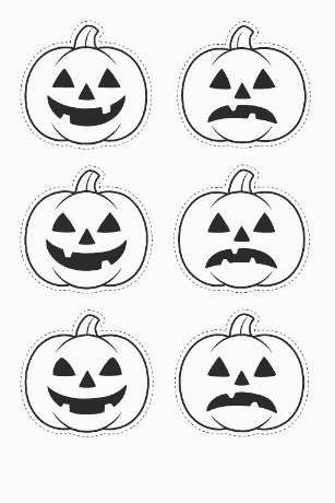 Šablona šesti halloweenských dýní k vystřižení – různé výrazy obličejů na formátu A4.
