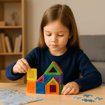 Dítě skládá puzzle nebo didaktickou hračku během zimního dne