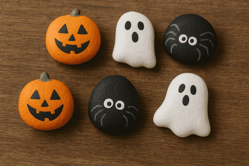 Pomalované kamínky jako dýně, duchové a pavouci – kreativní halloweenské tvoření pro děti.