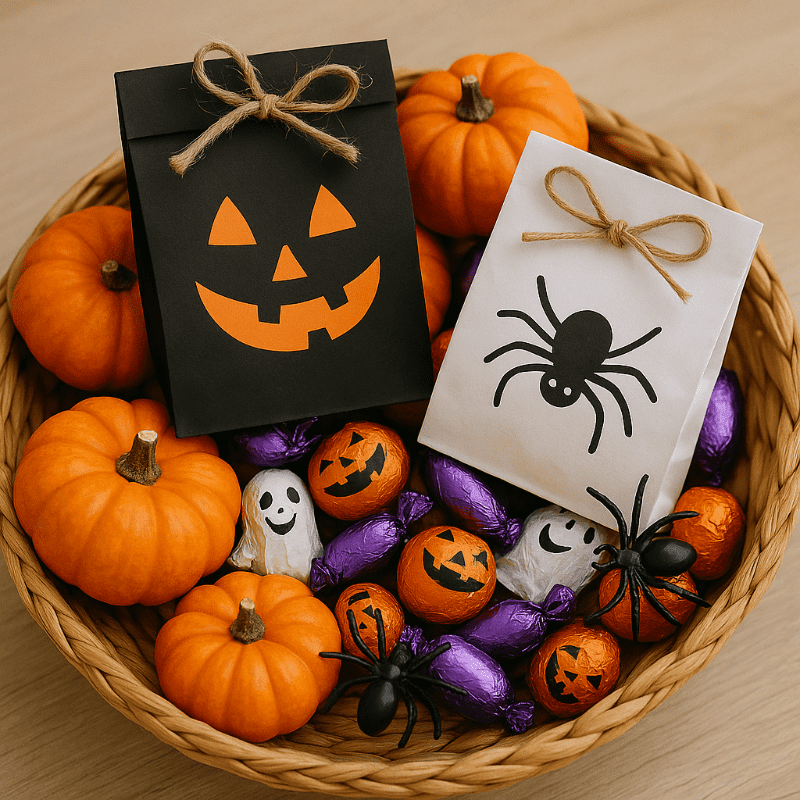 Košík s drobnými halloweenskými poklady – mini dýně, pavouci, taštičky a barevné sladkosti.