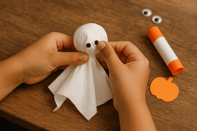 Dětské ruce tvoří papírového ducha z ubrousku, přidávají mu oči – halloweenské tvoření pro děti.